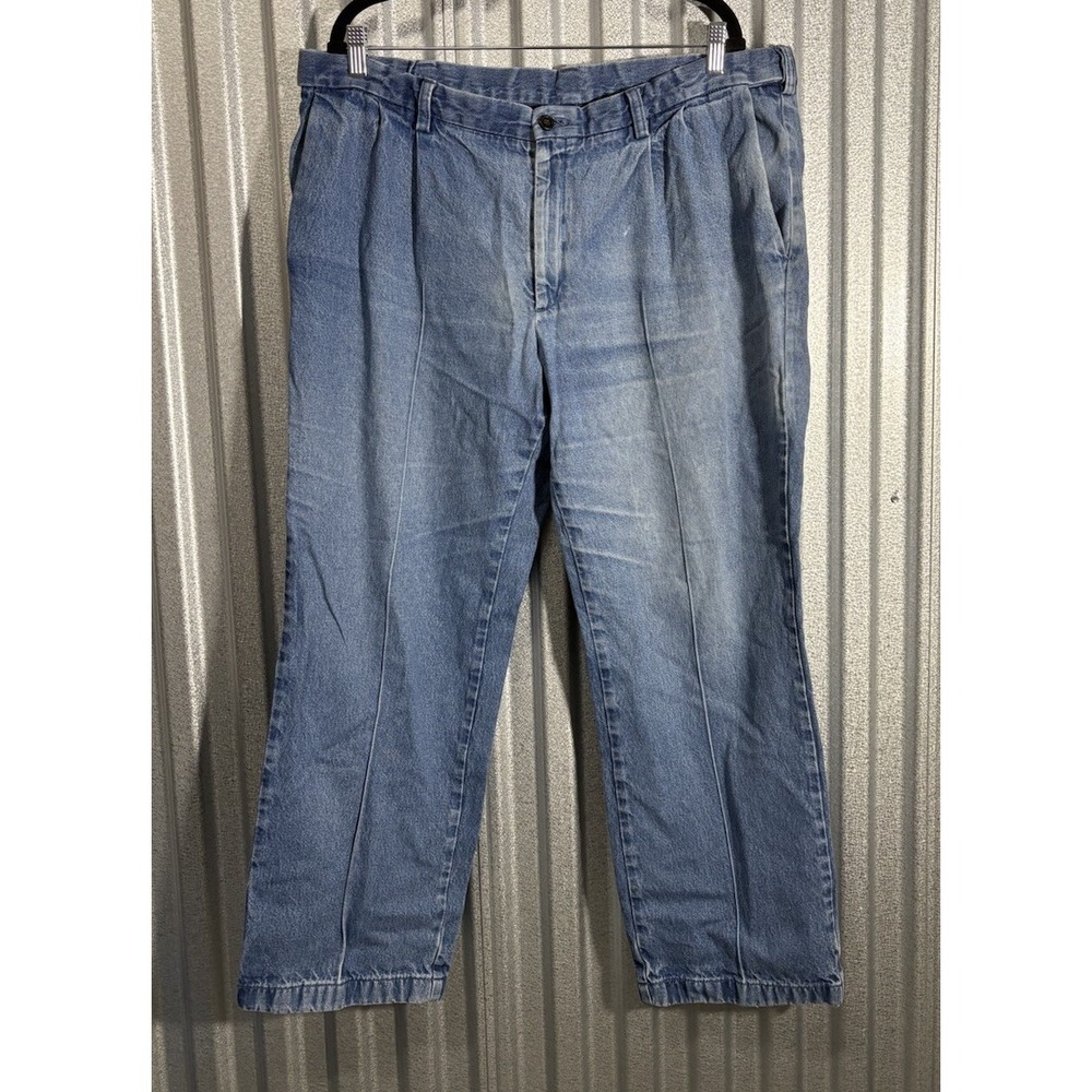 Haggar Men Denim Dress Pants 40x30 Light Wash Pleated Cotton Jeans Comfort Slack